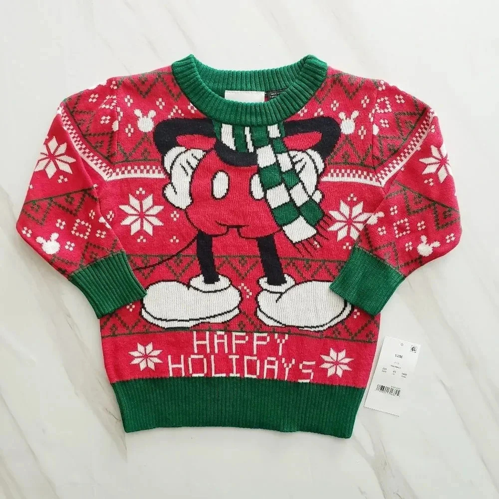 Disney Happy Holidays Mickey Mouse Red Green Sweater 12 Moths Kids Cotton Blend